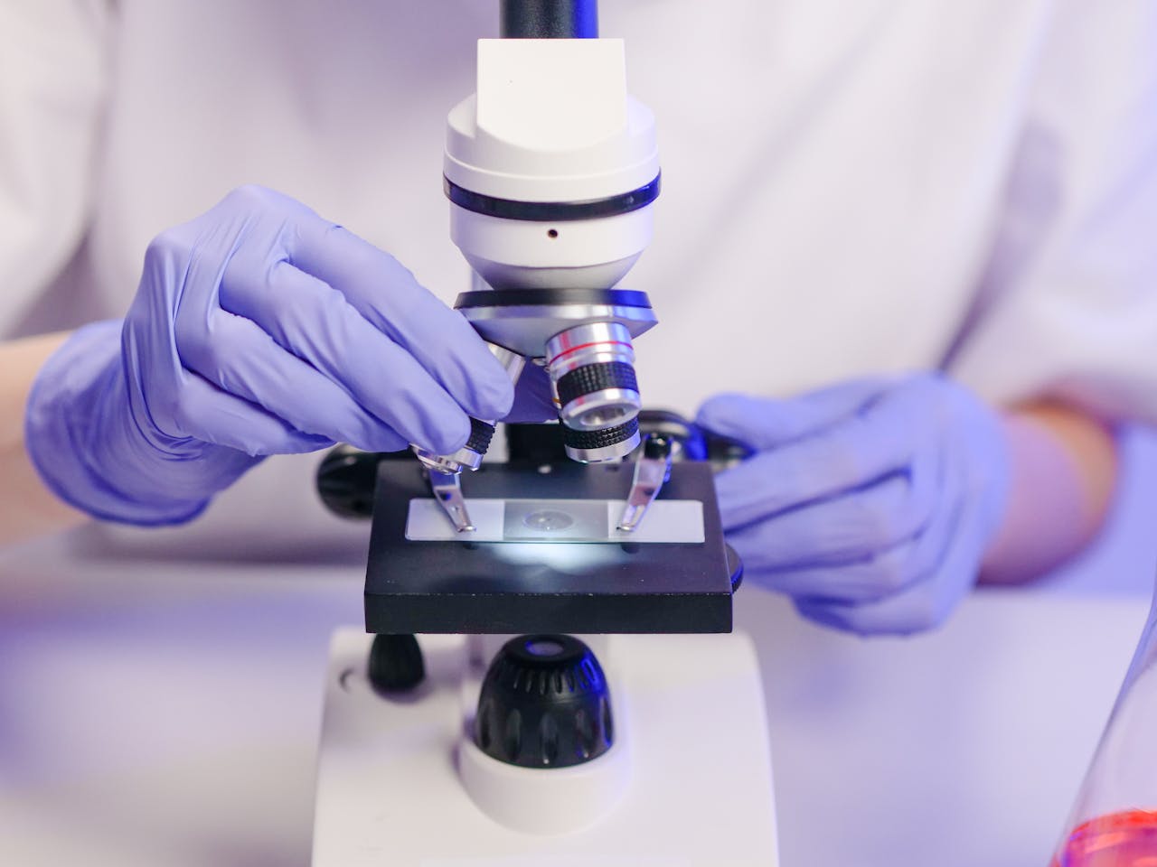 Close-Up View of a Person Examining a Microscope Slide